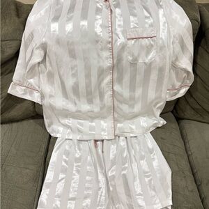 Essentials White Satin Stripe Pajama Set with Pink Trim